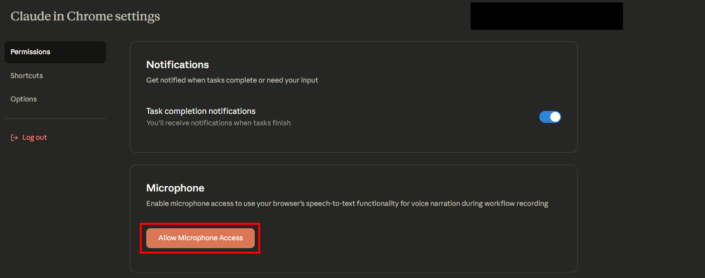 Claude in Chrome Microphone Settings